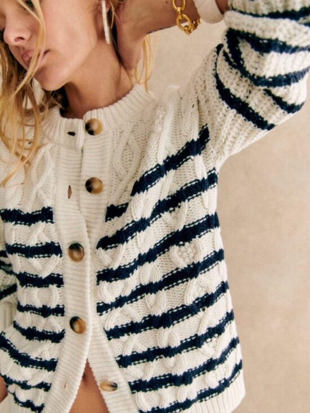 Sezane Sean‎ Cardigan Navy Ecru Striped Size Small Cotton Wool Cable Knit - Picture 6 of 16